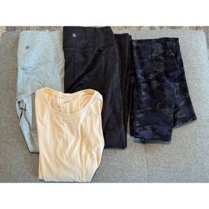 Athleta 4 pc lot peach long sleeve tee size S and Spanx camo leggings green blue
